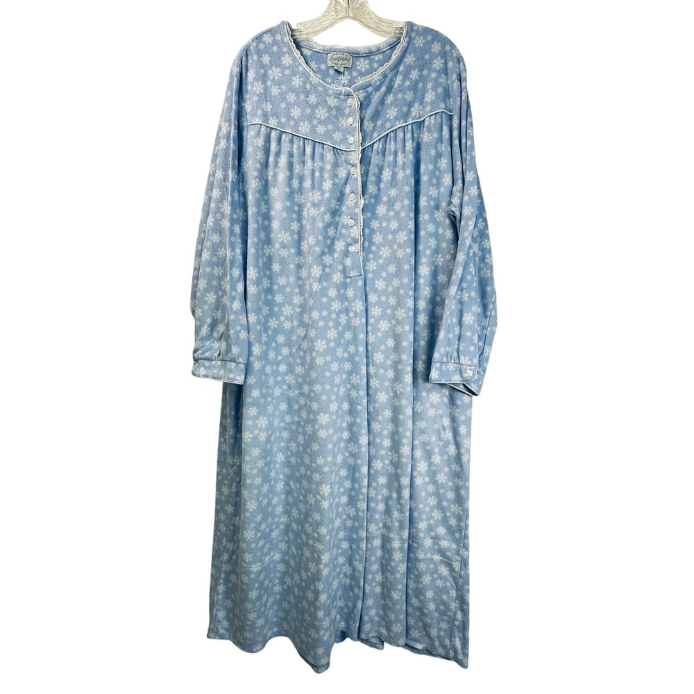 Lanz of Salzburg Blue Snowflake Fleece Nightgown Long Sleeve Pockets XL